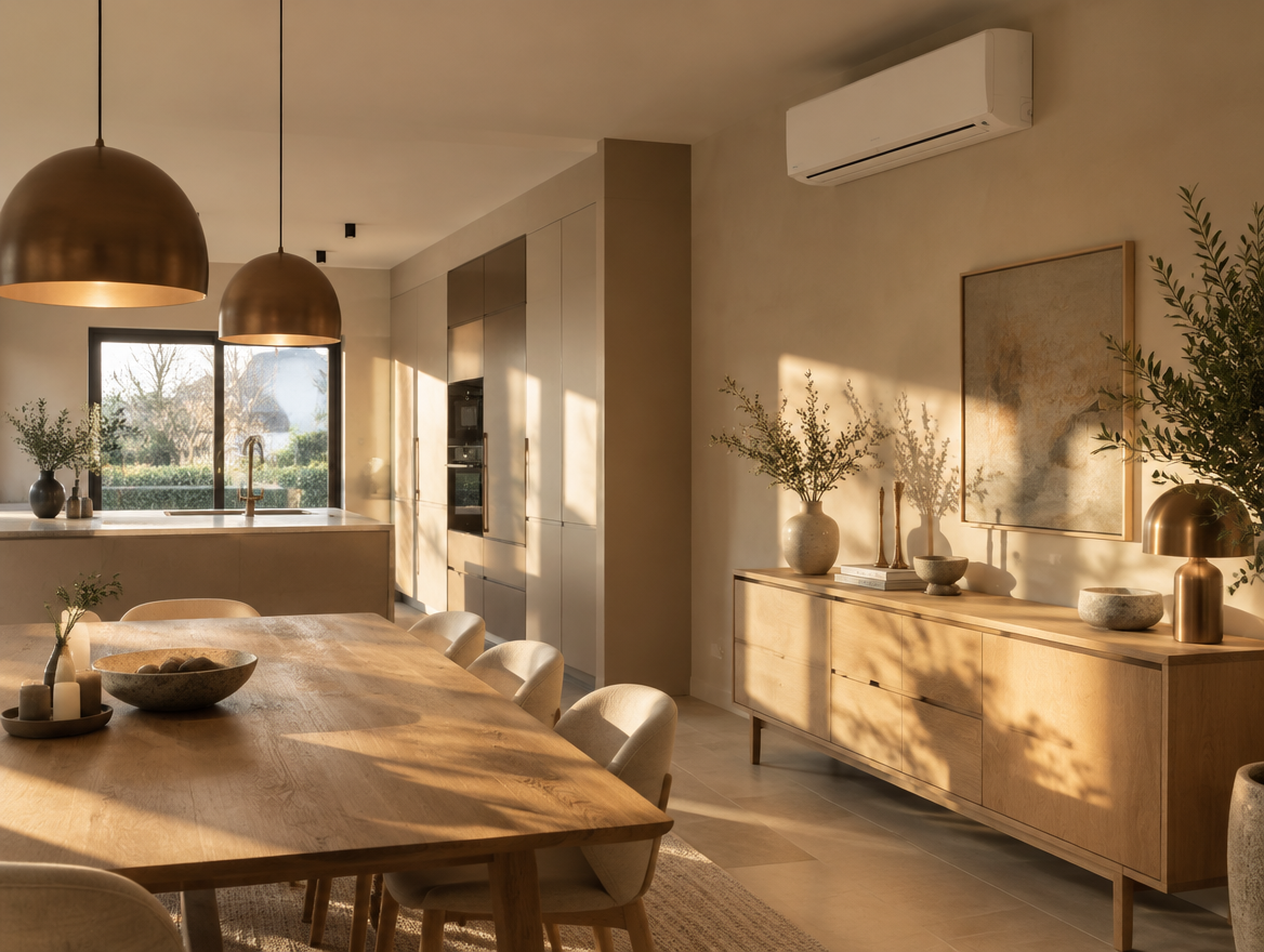 Eetkamer met een airco binnenunit aan de wand