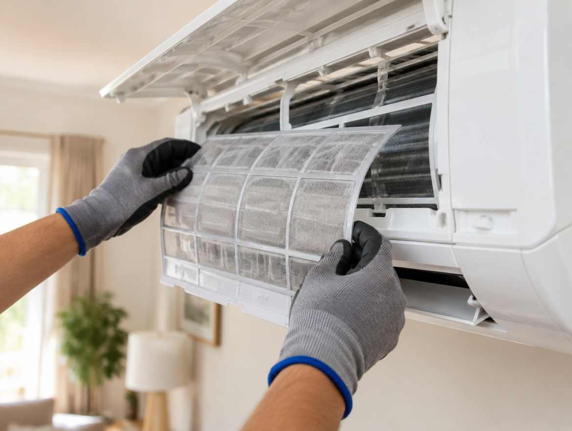 Het filter van een airco binnenunit wordt schoongemaakt