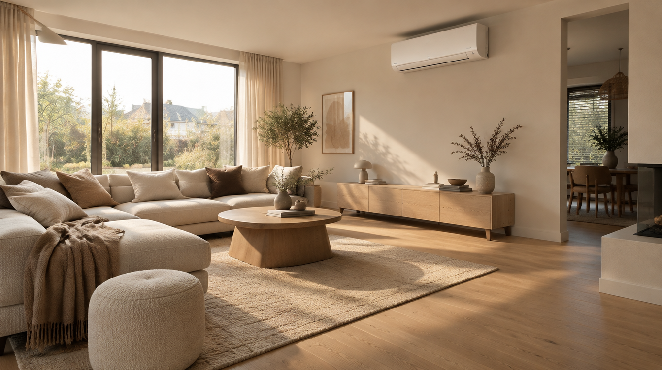 Woonkamer met een airco binnenunit aan de wand