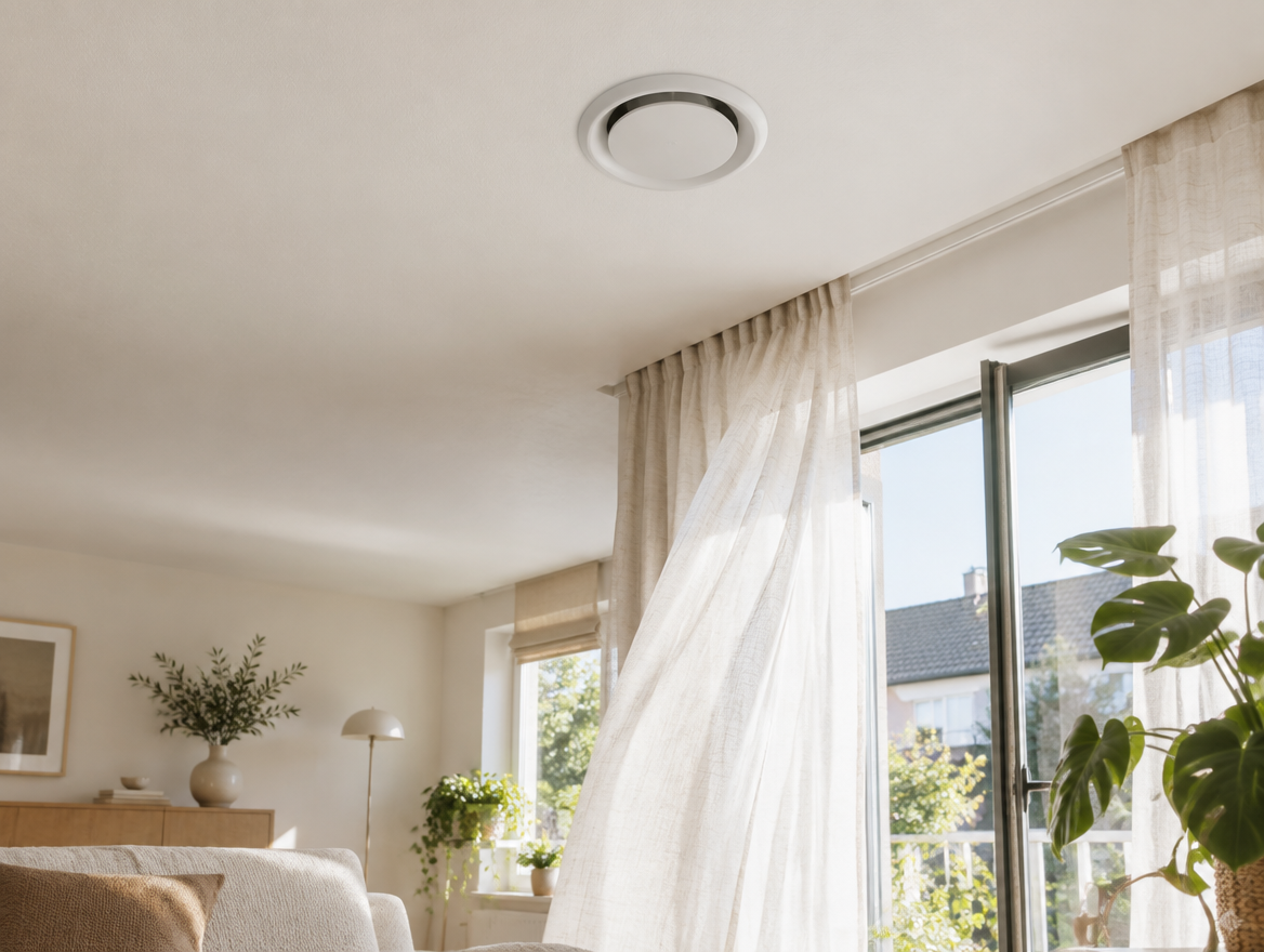Plafond met ventilatieventiel in een lichte woning
