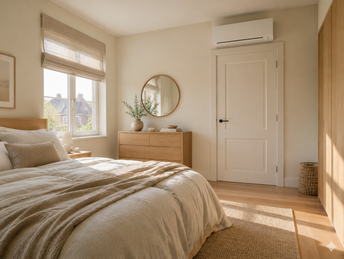 Slaapkamer met een airco binnenunit boven de deur
