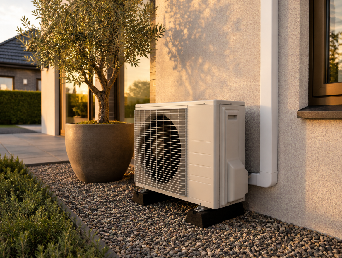 Airco buitenunit tegen de gevel van een woning