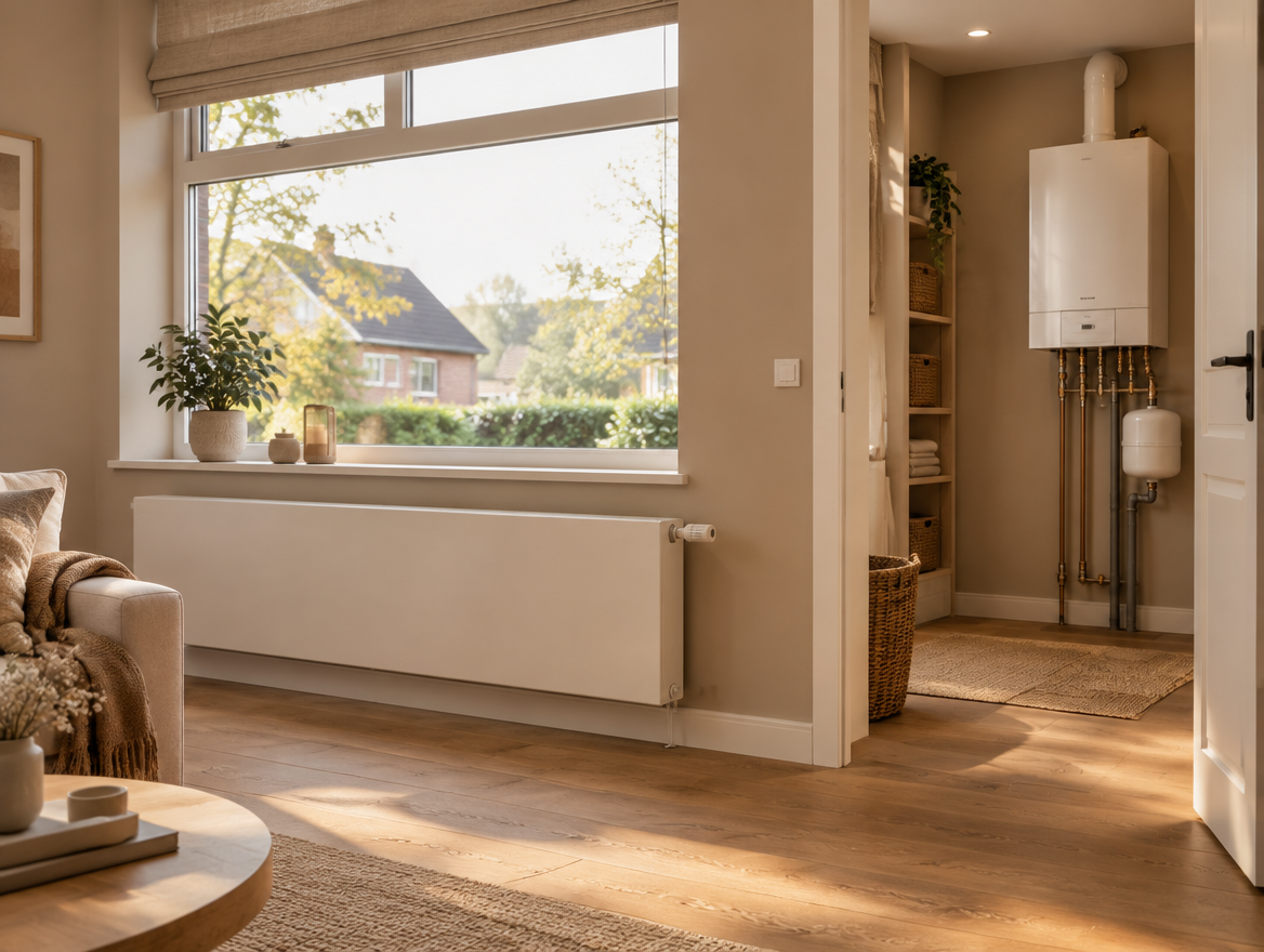 Woonkamer met radiator en cv-ketel